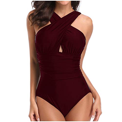 Generisch Damen Badeanzug Crossover Zierausschnitten Badeanzüge Raffung Bauchweg Einteilige Bademode Strandmode Schwimmanzug Schlankheits Monokini mit Bügel Strandbikini von Generisch