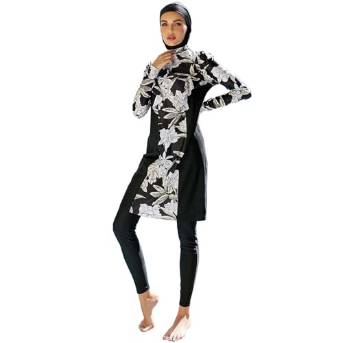 Generisch Damen Badeanzug Muslimischer Anzug Konservative Langärmlige Hose mit Kopftuch Dreiteiliger Strandbrandung Plus Size Islamischer Langarm und Hose Hijab Sonnenschutz Druck von Generisch
