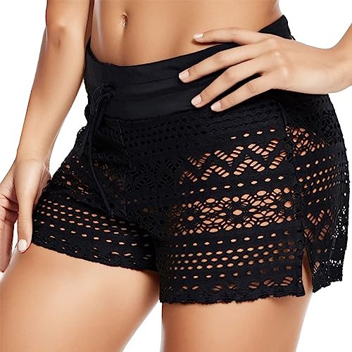 Generisch Damen Badehose Badeshorts Strand Kurze Shorts Wassersport Schnell Trocknend Sommer Hollow Spitze Schwimmhose(Schwarz, L) von Generisch