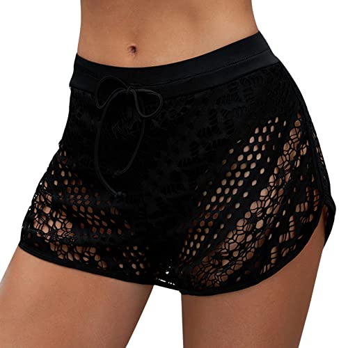 Generisch Damen Badehose Hohl Netz Strickte Bikini Hose Kurz Frauen Schnelltrocknend Bikinihose Hotpants Gummizug Schwimmshorts Bauchweg Swimwear Strand Freizeit Badebekleidung (Black, M) von Generisch