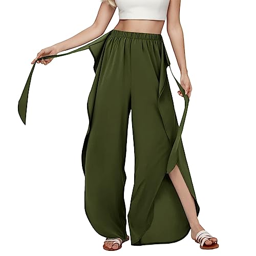 Generisch Damen Baggy Hosenrock Mit Schlitz Leichte Sommerhose Weites Bein Rüschen Hose Sommer Yogahose Leicht Luftige Sommerhosen Plissee Bequeme Frauen Sporthose Elegant Palazzo Hosen (AG-b, L) von Generisch