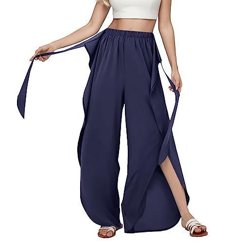 Generisch Damen Baggy Hosenrock Mit Schlitz Leichte Sommerhose Weites Bein Rüschen Hose Sommer Yogahose Leicht Luftige Sommerhosen Plissee Bequeme Frauen Sporthose Elegant Palazzo Hosen (Navy-b, L) von Generisch