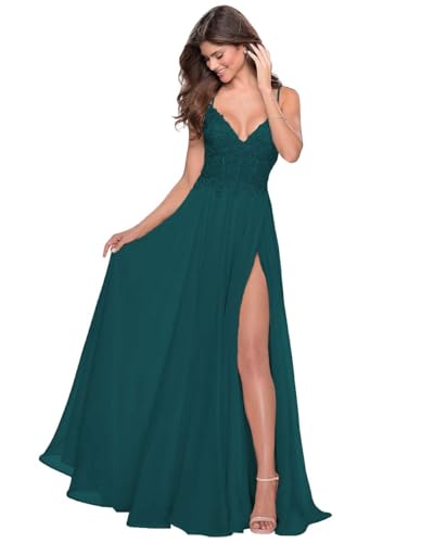 Generisch Damen Ballkleid Aus Chiffon Mit Spitzenapplikationen Lang Hoher Schlitz SpaghettiträGer Brautjungfernkleid Langer V-Ausschnitt Formelle Partykleider Peacock M von Generisch