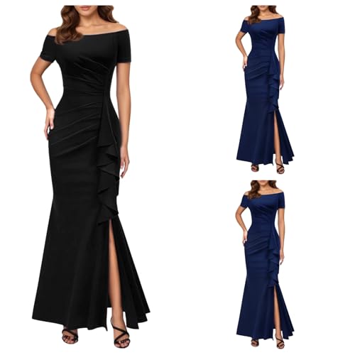 Generisch Damen Ballkleid Maxi Abendkleider Flügelärmel Cocktail Rüsche Schlitz Meerjungfrau Bodycon Hochzeit Festlich Kleid von Generisch