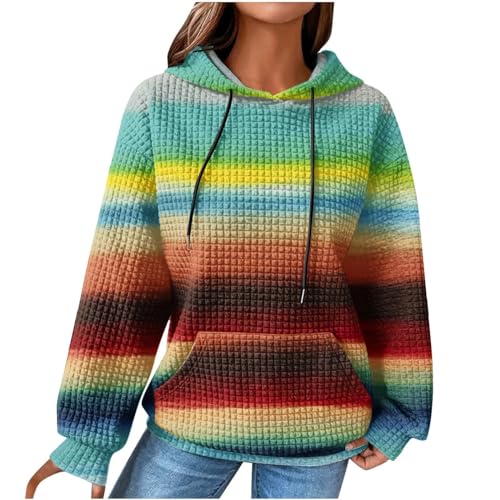 Generisch Damen Baumwolle Hoodie Causal Langarm Kapuzenpullover Herbst Winter Warm Pullover Vintage Bunte Print Sweatshirt mit Kapuze Pulli Oberteile Mode Waffel Kapuzenpulli mit Taschen Outwear von Generisch
