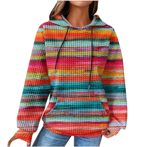Generisch Damen Baumwolle Hoodie Causal Langarm Kapuzenpullover Herbst Winter Warm Pullover Vintage Bunte Print Sweatshirt mit Kapuze Pulli Oberteile Mode Waffel Kapuzenpulli mit Taschen Outwear von Generisch