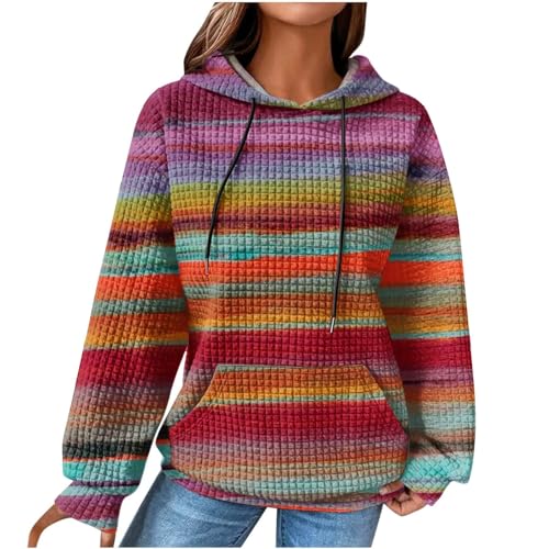 Generisch Damen Baumwolle Hoodie Causal Langarm Kapuzenpullover Herbst Winter Warm Pullover Vintage Bunte Print Sweatshirt mit Kapuze Pulli Oberteile Mode Waffel Kapuzenpulli mit Taschen Outwear von Generisch