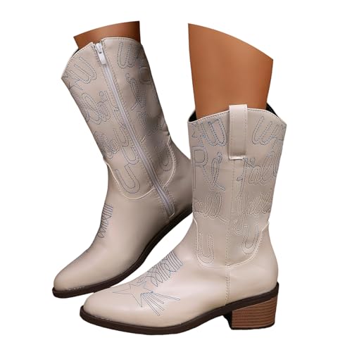 Generisch Damen Bequeme Cowboystiefel Niedriger Blockabsatz Übergangsstiefel Ankle Boots Halbhohe Westernstiefel Retro Reißverschluß Boots Stiefel Kurzstiefel Halbhohe Bequemer Ankle Boots von Generisch