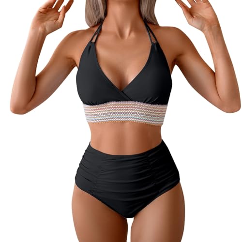 Generisch Damen Bikini Set 2025 Sommer Hohe Taille Sexy V Ausschnitt Zweiteiliger Badeanzug Farbblock Kordelzug Bademode Strand Swimsuit,Badeanzug Damen Bikini Set,XXL Curvy,Schwarz,L von Generisch
