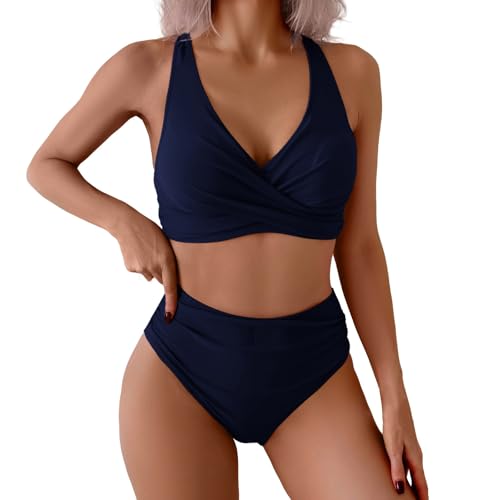 Generisch Damen Bikini Set Mit Schalbluse,Push Up Verstellbar Crossover Neckholder Bikinioberteil Gedruckt High Waist Bikinis Bademode Bauchweg Swimsuit Bikini Damen Set Bandeau Sommergeschenk von Generisch