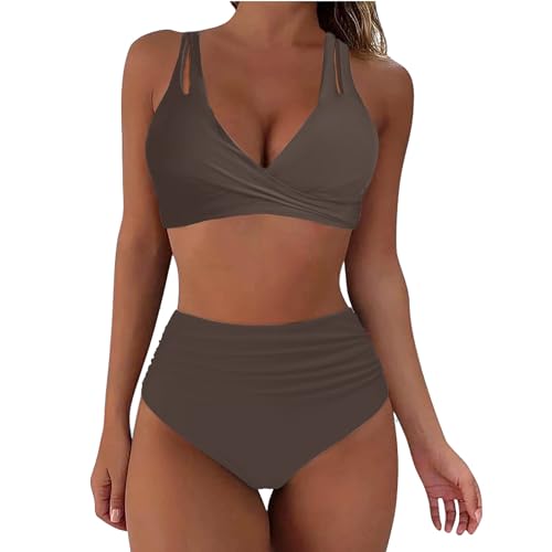 Generisch Damen Bikini Set Wickel Push Up Badeanzug Strand V Ausschnitt Überkreuztes Bikini Bademode mit Doppel Träger Ruched Bauchweg High Waist Zweiteiliger Badeanzug Swimsuit(Kaffee, XXL) von Generisch