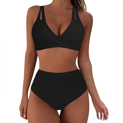 Generisch Damen Bikini Set Wickel Push Up Badeanzug Strand V Ausschnitt Überkreuztes Bikini Bademode mit Doppel Träger Ruched Bauchweg High Waist Zweiteiliger Badeanzug Swimsuit(Schwarz, XXL) von Generisch
