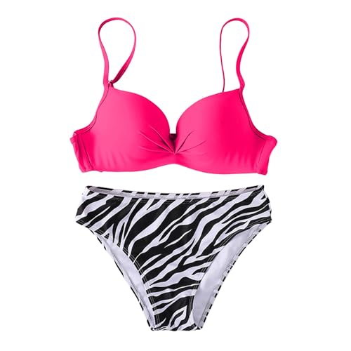 Generisch Damen-Bikini Set Wickel Push Up Bikini Bademode mit hoher Taille Zebra Streifen Bikinihose Zweiteiliger Badeanzug Swimsuit Strandkleidung(Rosa, L) von Generisch