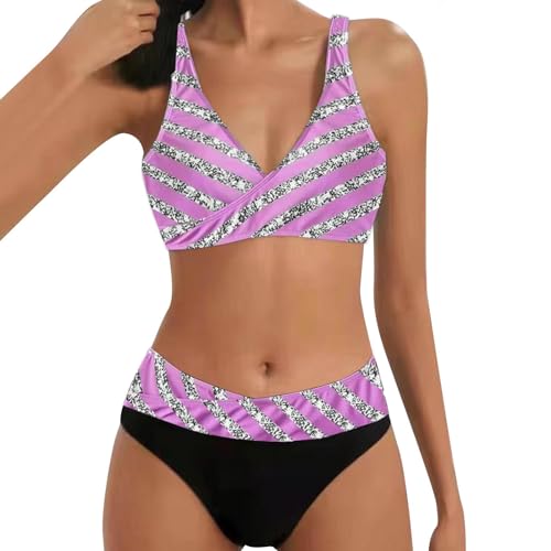 Generisch Damen Bikini Set Wickeloptik Push Up Zweiteilige Triangel Bikini Oberteil+High Waist Wickel Bikinihose Streifendruck Strass Schwimmanzug Strandmode(Lila, M) von Generisch