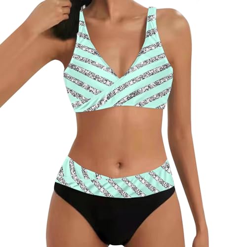 Generisch Damen Bikini Set Wickeloptik Push Up Zweiteilige Triangel Bikini Oberteil+High Waist Wickel Bikinihose Streifendruck Strass Schwimmanzug Strandmode(Minzgrün, L) von Generisch