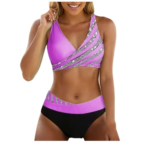 Generisch Damen Bikini Set Zweiteiliger Badeanzug V Ausschnitt überkreuztes Bikini Bademode Bauchkontrolle High Waist Bikini Sets Swimsuit Push Up Strandbikini Triangel Breites Swimsuit von Generisch