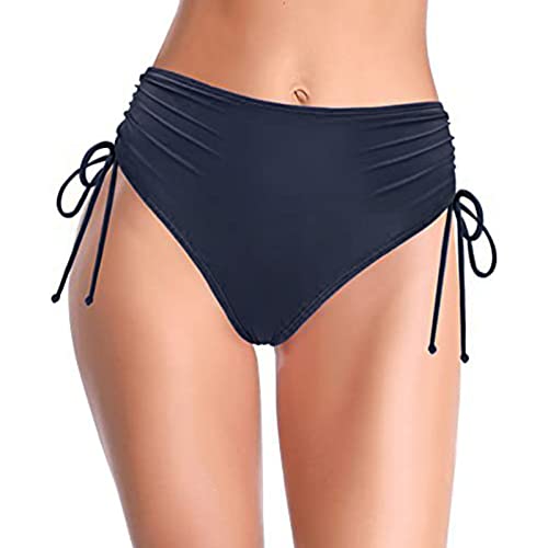 Generisch Damen Bikinihose mit Raffung und Seitliche Schnürung Retro Bauchweg High Waist Badehose Bikinishorts Abdominal Kontrolle Ruched Klassische Bikinislip(Marine, S) von Generisch