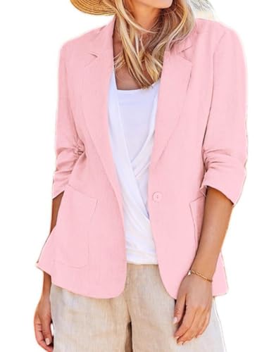 Generisch Damen Blazer Casual Business One Button Down Anzugjacken Offene Vorderseite Cardigan Mantel Geraffte Ärmel Leicht Arbeitsbüro Anzug Blazer Frühling Sommer Oberbekleidung Rosa S von Generisch