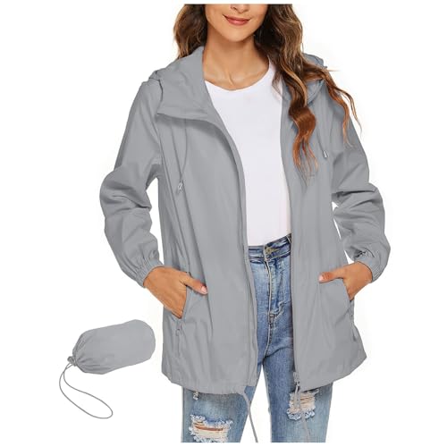 Generisch Damen Blouson Jacke Sommer Regenjacke Damen Wasserdicht Leicht Regenmantel Faltbar Windbreaker Dünne Packbar Reisen Fahrrad Regenjacken Windjacke Grau von Generisch