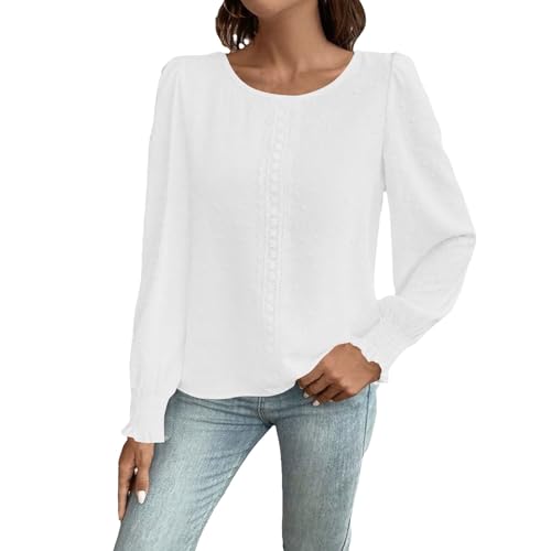 Generisch Damen Bluse Elegant Spitze Rundhals Langarm Leicht Einfarbig Büro Freizeit Bequem Atmungsaktiv Übergröße von Generisch