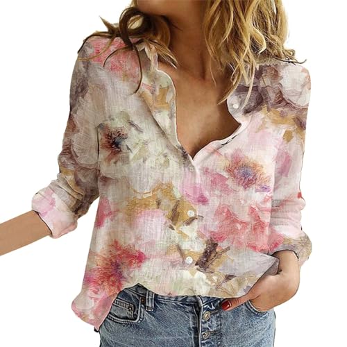 Generisch Damen-Bluse mit Blumenmuster, langärmelig, V-Ausschnitt, langärmlig, mit Knöpfen, Bluse, Elegantes und lässiges Oberteil, Wassermelonenrot, M, Wassermelonenrot, Medium von Generisch