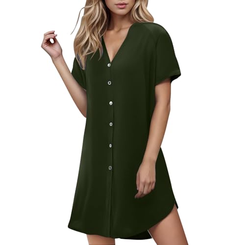 Generisch Damen Blusenkleid Kurzarm V-Ausschnitt Sommer Hemdkleid mit Knopfleiste Sommerkleid Freizeitkleid Casual Damenkleider Einfarbig Kleider für Büro & Freizeit Armeegrün XL von Generisch