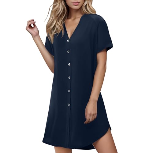 Generisch Damen Blusenkleid Kurzarm V-Ausschnitt Sommer Hemdkleid mit Knopfleiste Sommerkleid Freizeitkleid Casual Damenkleider Einfarbig Kleider für Büro & Freizeit Marineblau XXL von Generisch