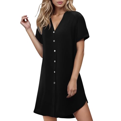 Generisch Damen Blusenkleid Kurzarm V-Ausschnitt Sommer Hemdkleid mit Knopfleiste Sommerkleid Freizeitkleid Casual Damenkleider Einfarbig Kleider für Büro & Freizeit Schwarz M von Generisch