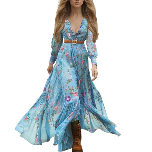 Generisch Damen Boho Lange Kleid mit Blumenmuster Sommerkleid Vintage Rustikaler Stil V-Ausschnitt Maxikleid Damen Frühling Langarm Blumenkleid Strandkleid Freizeitkleider (Blue, S) von Generisch