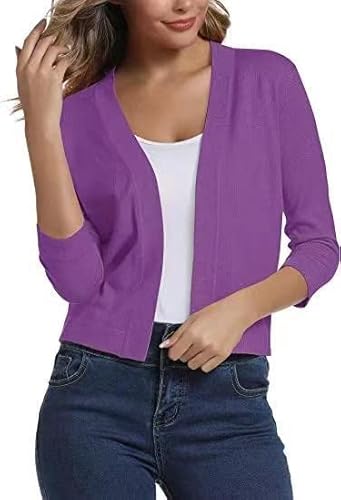 Generisch Damen Bolero Cardigan 3/4 Arm Sommerjacke Kurz Casual Einfarbig Cardigans Vorne Offen Elegant Festlich Shrug Schulterjacke Oberbekleidung Lila L von Generisch