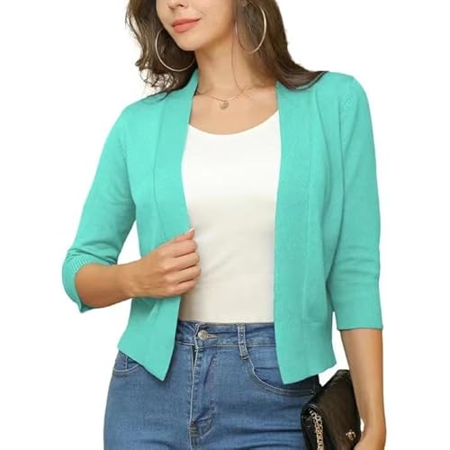 Generisch Damen Bolero Cardigan 3/4 Arm Sommerjacke Kurz Lässig Einfarbig Cardigans Vorne Offen Elegant Festlich Shrug Schulterjacke Oberbekleidung Türkis M von Generisch