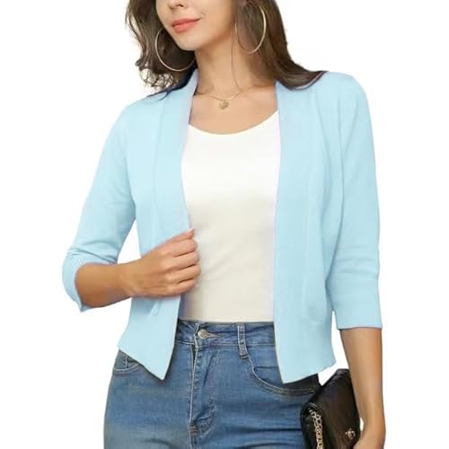 Generisch Damen Bolero Cardigan 3/4 Arm Sommerjacke Kurz Lässig Einfarbig Strickjacken Vorne Offen Elegant Festlich Shrug Schulterjacke Oberbekleidung Hellblau M von Generisch