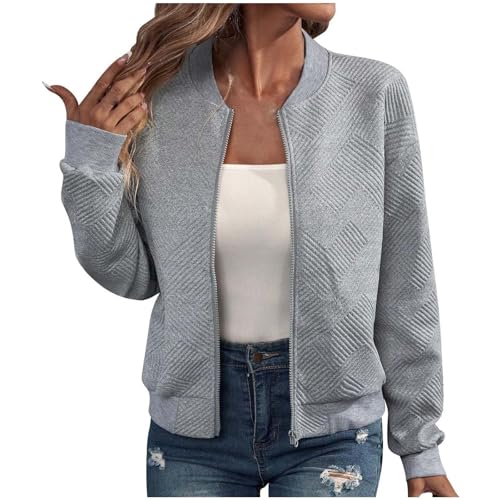 Generisch Damen Bomberjacke Blouson Pilotenjacke Leichte Jacke Langarm Fliegerjacke Full Zip Outwear Mäntel Solid Outdoorjacke Übergangsjacke für Frauen Prime Grau XXL von Generisch