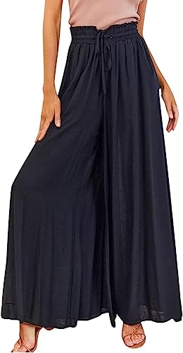 Generisch Damen Breites Bein Hose Sommer Hohe Waist Plissee Hosen Elegante Einfarbig Leicht Hosenrock Sommerhose mit Tasche Freizeithose von Generisch