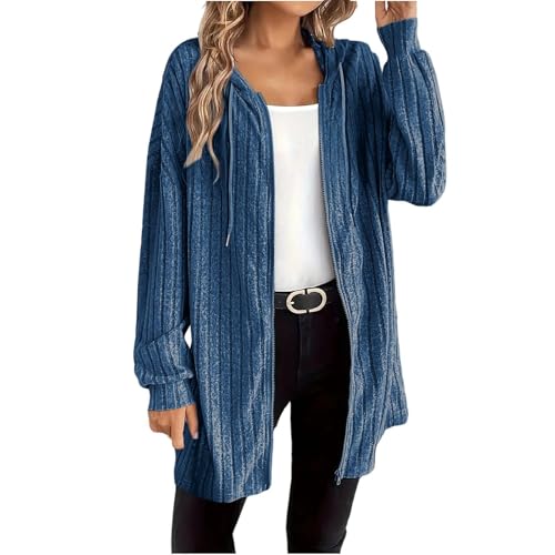 Generisch Damen Cardigan Strickjacke Lang Reißverschluss Kapuze Oversize Freizeit Übergangsjacke Bequem Streetwear Herbst Winter von Generisch