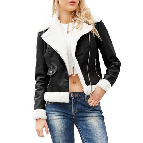 Generisch Damen Casual Jacke Kunstleder Bomberjacke Motorradjacke Mantel Bikerjacke mit Reißverschluss für Herbst Frühling Bikerjacke Damen 54 Leather Jacket Women Cropped von Generisch