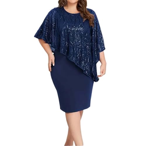 Generisch Damen Chiffon Cape Kleid Knielang Abend Cocktailkleid Mit Overlay Weites Kleid Damen (Navy, XXXXXL) von Generisch