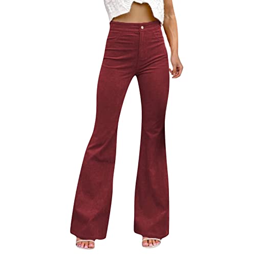 Generisch Damen Cord Schlaghose Mit Elastischer Taille Und Bell Bottom Hose Laufhose Damenhose Elegant Schwarz Outdoorhose Winter Skinny High Waist Für Outdoor Lang Damenhosen Stretch Hosen (Red, XL) von Generisch