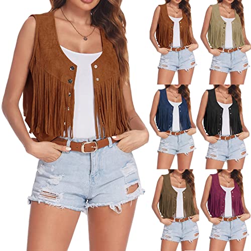 Generisch Damen Cowboy Ärmellos Fransenweste Weich Weste Cardigan Jacke mit Fransen Weich Weste Kurze Fransenjacken Weste Fransen Damen Retro 70er Fransenweste Hippie-Kostüme (Khaki, L) von Generisch