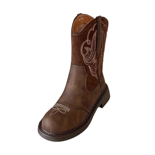Generisch Damen Cowboy Stiefeletten Drucke V-Schnitt Runde Zehe Western Kurze Stiefeletten Winter Kleid Schuhe mit seitlichem Reißverschluss (Brown, 36) von Generisch