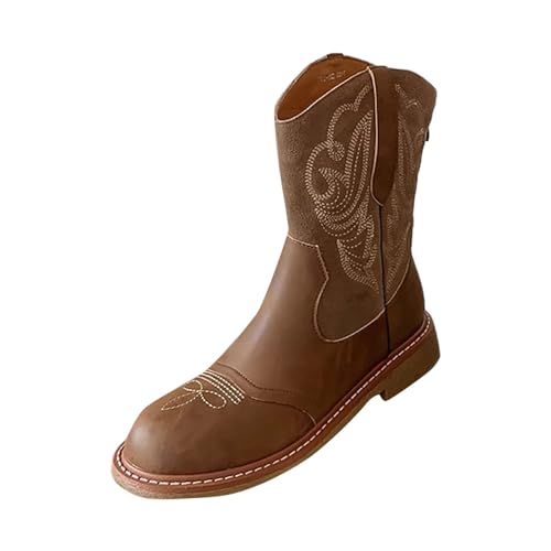 Generisch Damen Cowboy Stiefeletten Drucke V-Schnitt Runde Zehe Western Kurze Stiefeletten Winter Kleid Schuhe mit seitlichem Reißverschluss (Coffee, 35) von Generisch