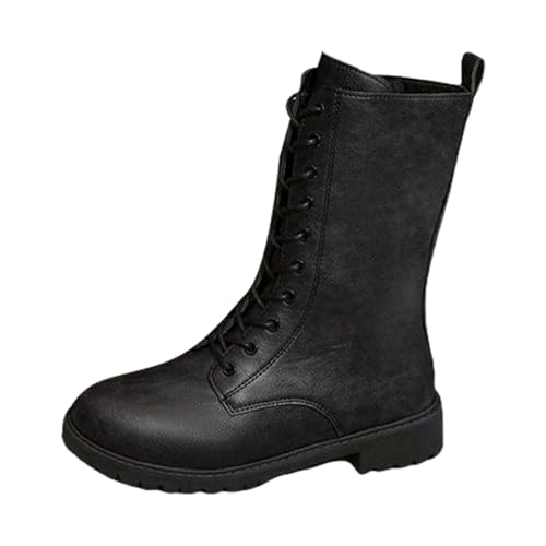 Generisch Damen Cowboy Stiefeletten Schnürung Runde Zehe Chunky Heel Western Kurze Stiefeletten (Black, 36) von Generisch
