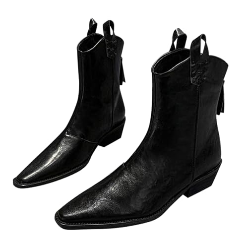 Generisch Damen Cowboy Western Stiefeletten V-Schnitt Chunky Block Heels Spitze Zehe Kurze Stiefeletten Kleid Schuhe mit Reißverschluss (Black, 39) von Generisch