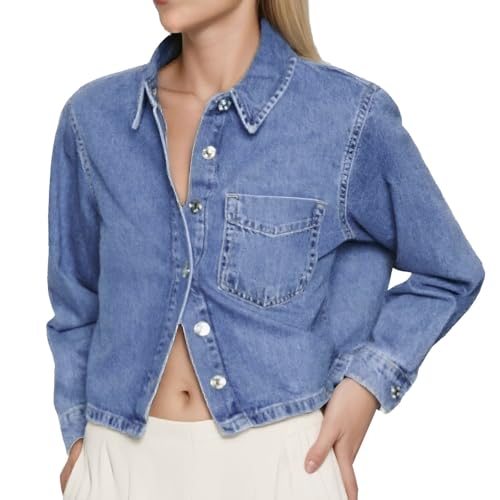 Generisch Damen Crop Jeansjacke Shacket Langarm Jeanshemd Reverskragen Jeanshemd Bluse Bluse Damen Sommer Kurzarm (Blue, L) von Generisch