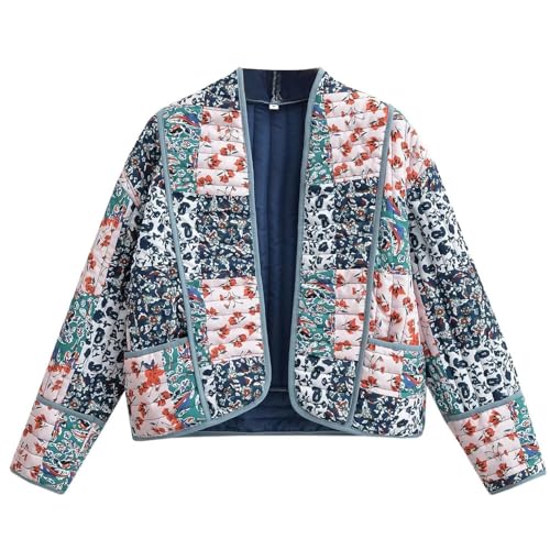 Generisch Damen Cropped Puffer Jacke Cardigan Floral Gedruckt Leichte Langarm Offene Vorderseite Kurz Gepolstert Gesteppt Mäntel von Generisch
