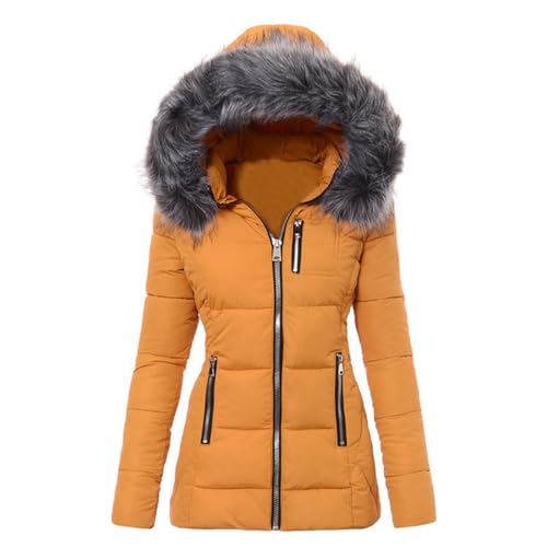 Generisch Damen Daunenjacken Lang Locker Leicht Steppjacke Warm PufferJacke Winterjacke Frauen Daunenmantel Übergangsjacke Steppmantel Damen Leicht Beige Mantel Fellkragen Jacke Damen Große Größen von Generisch