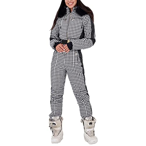 Generisch Damen Einteiliger Skioverall Winter Warme Schnee Skifahren Sätze Outdoor Jumpsuit Langer Overall mit Kapuze Reißverschluss Skianzüge wasserdicht Schneeanzug von Generisch