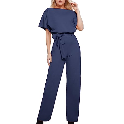 Generisch Damen Elegant Jumpsuit O-Ausschnitt Lang Overall Hosenanzug Playsuit Romper mit Gürtel Festlich Weites Bein Playsuit von Generisch