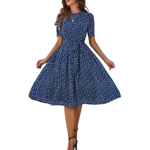 Generisch Damen Elegant Sommerkleid Kurzarm Rundhals Knielang Kleid High Waist Strandkleider Polka Dots Freizeitkleid mit Gürtel 2025 (3,M) von Generisch