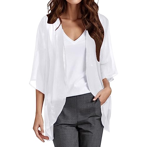 Generisch Damen Elegant Strickjacke Chiffon Kurzarm Lässige Cardigan Festlich Bolero Kurze Leichte Schulterjacke Festliche Transparent Perfekt mit Allerlei Cocktailkleid Abendkleid (FD-White, M) von Generisch